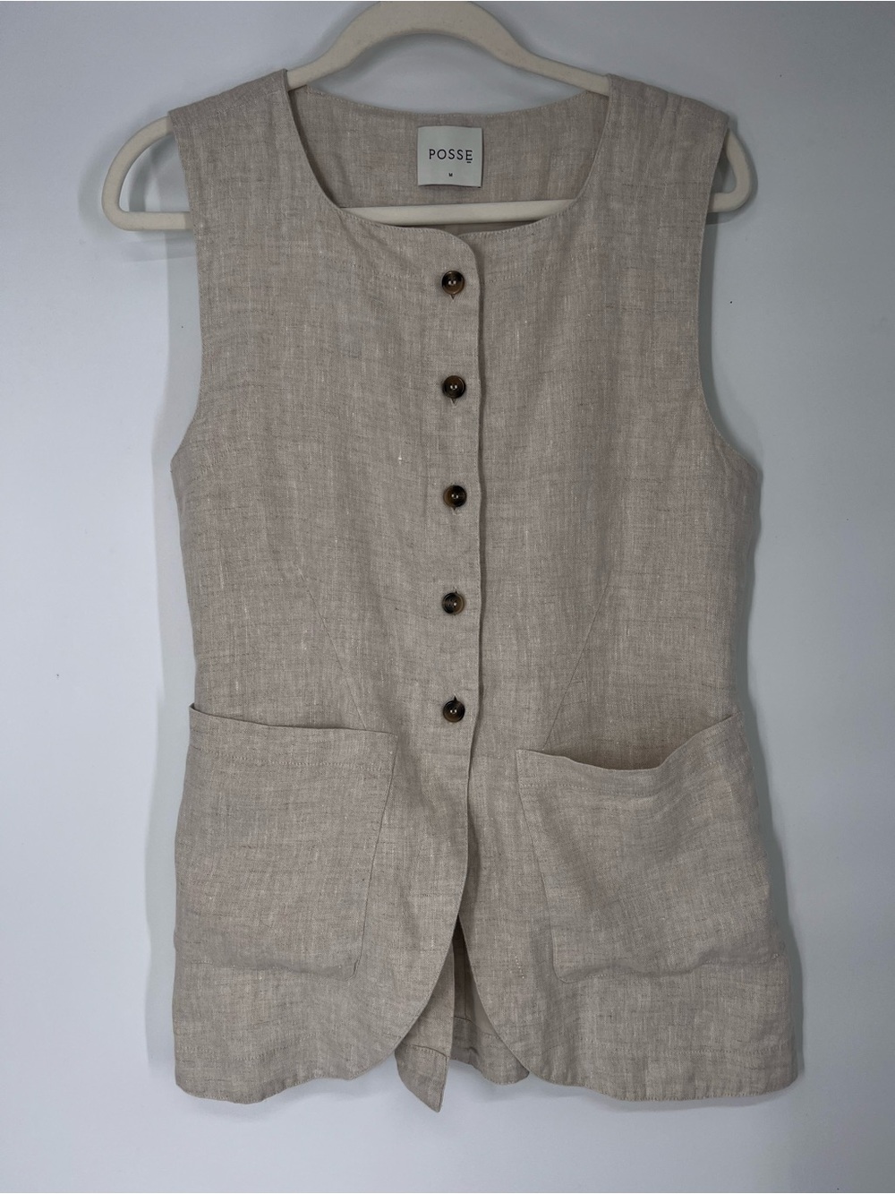 Posse Cream Textured Linen Hourglass High Neck Sleeveless Button Front Vest Top